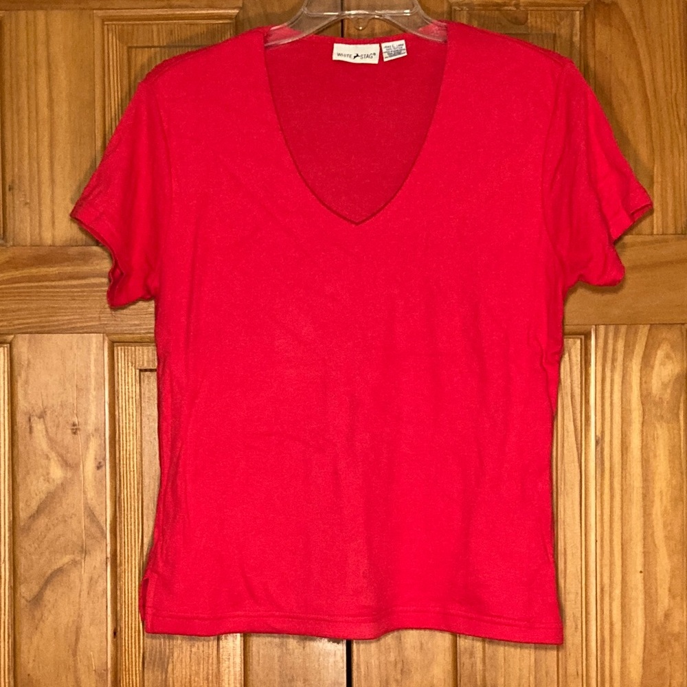 EUC White Stag Vintage 90s Top V Neck Short Sleeve Blouse Red Size L Large